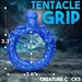 Blue octopus-shaped stretchy silicone ring with tentacle details and size measurements on underwater background.