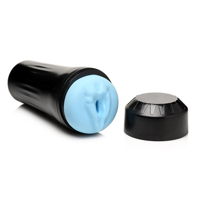 Black case stroker with pale blue textured sleeve and removable cap displayed on white background.