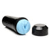 Black case stroker with pale blue textured sleeve and removable cap displayed on white background.