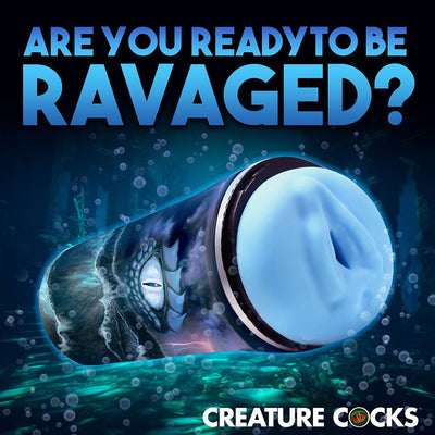 Blue sea creature-themed stroker with textured sleeve and silicone base plug, set against an underwater background with bold text.