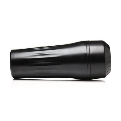 Black cylindrical stroker case with a slightly tapered design and textured grip base.