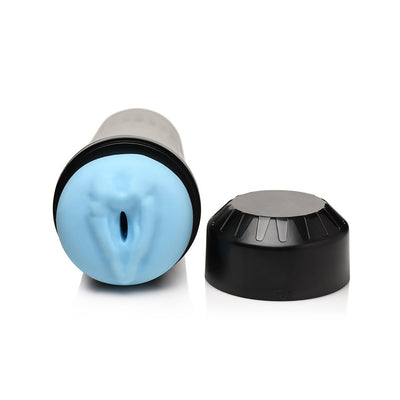 Blue sea creature-themed stroker with black case and removable cap shown on white background.