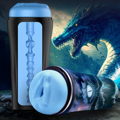 Blue sea creature-themed stroker with textured interior and black case featuring a fierce sea monster design.