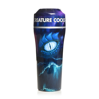 Creature Cocks Pussidon Sea Monster stroker with blue sea monster eye and ocean wave design on the case.