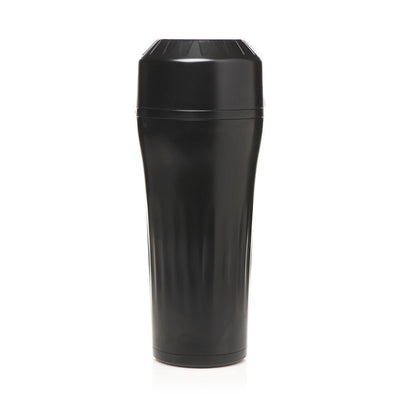 Black cylindrical stroker case with a screw-on lid, designed for discreet storage and easy cleaning.