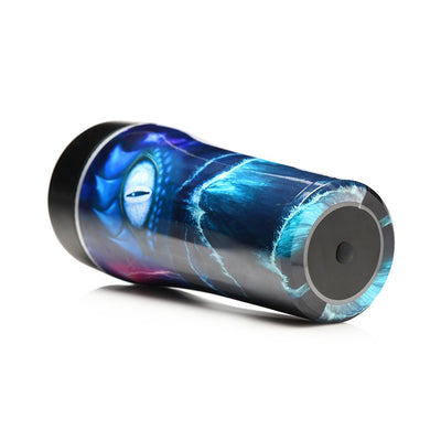 Blue sea monster-themed stroker with detailed creature eye design and black silicone base plug.