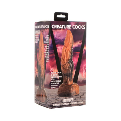 Packaging box of Creature Cocks Ravager rippled tentacle silicone dildo in marbled orange and black colors.
