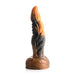 Orange and black rippled tentacle silicone dildo with textured base and suction cup for hands-free use.