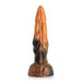 Orange and black marbled silicone fantasy tentacle dildo with textured ridges and suction cup base.
