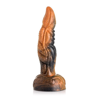 Orange and black marbled silicone dildo with textured, rippled tentacle design and suction cup base.