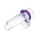 Clear silicone dildo model wearing a purple, spiked, worm-shaped cock ring accessory.