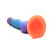 Colorful silicone alien-themed dildo with a wide orange suction base and a blue to purple textured shaft.