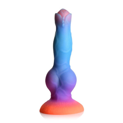 Colorful silicone alien-themed dildo with a wide suction base and glowing glitter accents in blue, purple, and orange hues.