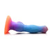 Colorful silicone alien-themed dildo with suction base, featuring a gradient of orange, purple, and blue hues and textured details.