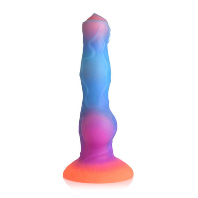 Colorful silicone alien-themed dildo with suction base, featuring a gradient of orange, purple, and blue hues and textured details.