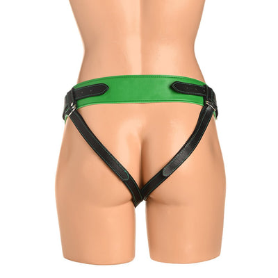Back view of Creature Cocks Strap-On Harness in green and black vegan leather with adjustable straps on hips and thighs.