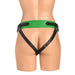 Back view of Creature Cocks Strap-On Harness in green and black vegan leather with adjustable straps on hips and thighs.