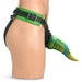 Side view of a mannequin wearing a green and black adjustable strap-on harness with a textured, tentacle-inspired dildo attached.