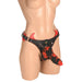 Black and red creature-themed strap-on harness with adjustable buckles and a textured red and black dildo on a mannequin torso.