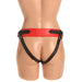 Back view of Creature Cocks Strap-On Harness in red and black vegan leather on a mannequin.