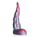 Iridescent red and blue silicone tentacle-shaped dildo with textured surface and wide suction cup base.