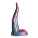 Iridescent red and blue silicone tentacle-shaped dildo with textured suckers and wide suction cup base.