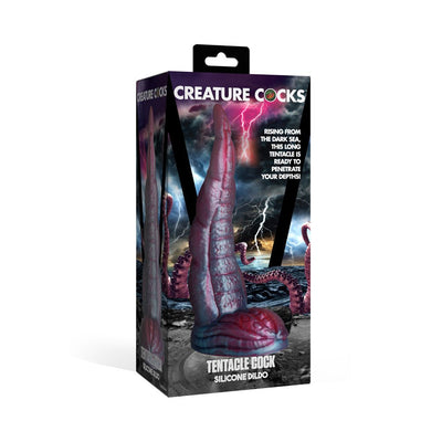 Packaging of Creature Cocks Tentacle Cock silicone dildo with a red and blue tentacle design against a stormy sea background.