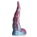 Iridescent red and blue silicone tentacle-shaped dildo with textured suckers and a wide suction cup base.