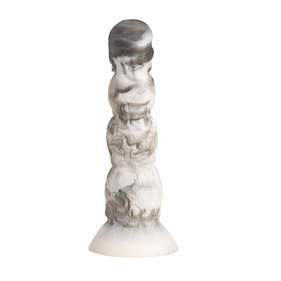 Tower of Doom silicone dildo with stacked skull design in white and gray, featuring a suction cup base.