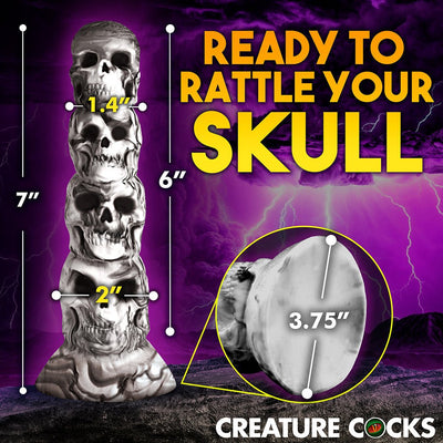 Tower of Doom silicone dildo shaped like stacked skulls with size measurements and suction cup base shown.