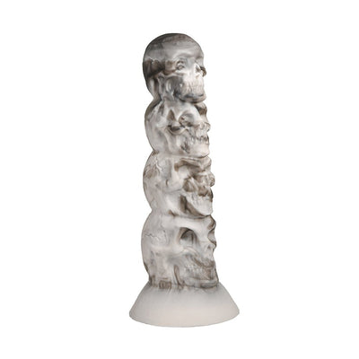 Tower of Doom silicone dildo featuring stacked white and gray skulls with textured grooves and a suction cup base.
