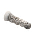 White and gray silicone dildo shaped like a tower of skulls with a suction cup base for hands-free use.