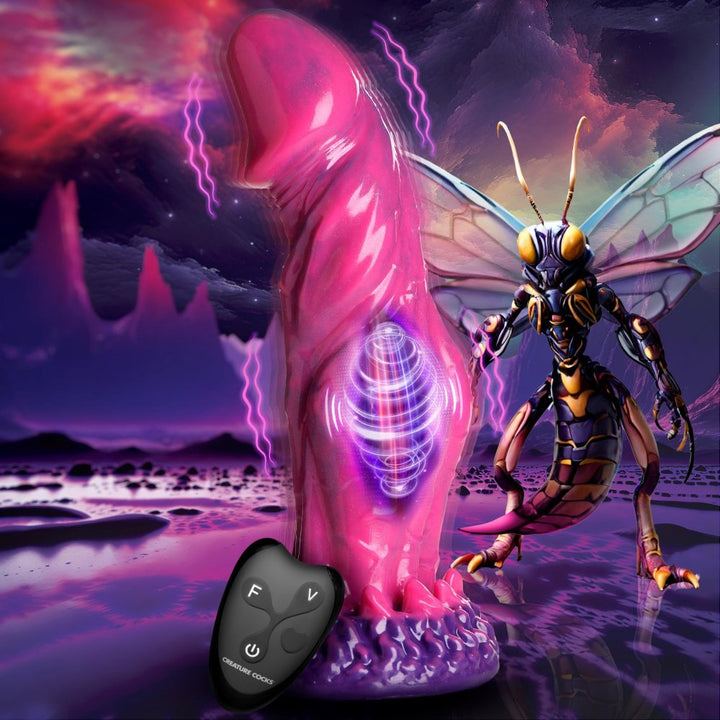 Pink and purple alien-inspired dildo with suction base and wireless remote, set against a sci-fi fantasy background with a giant wasp creature.