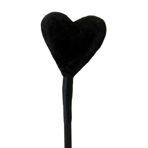 Black heart-shaped fluffy tip on a slender black nylon-covered handle with braided leather grip.