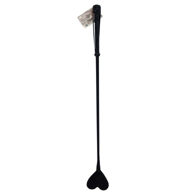 Black crop with a braided leather handle and a heart-shaped fluffy tip on a long nylon-covered shaft.