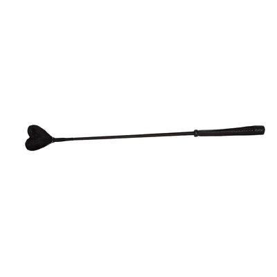 Black crop with a heart-shaped fluffy tip and braided leather handle, 25 inches long.
