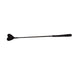 Black crop with a heart-shaped fluffy tip and braided leather handle, 25 inches long.