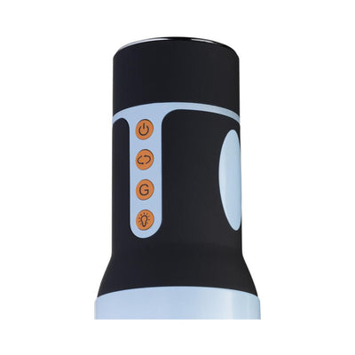 Close-up of CRUIZR Rotating Masturbator control panel with power, rotation, mode, and light buttons in black and blue design.