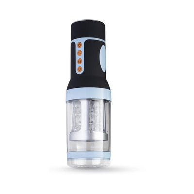 CRUIZR Rotating Masturbator with black and light blue design, featuring control buttons and transparent chamber showing internal rotating mechanism.