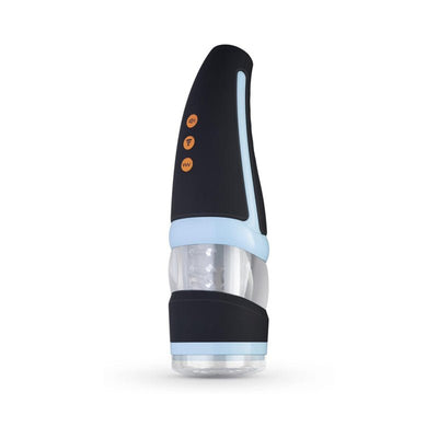CRUIZR automatic rotating and vibrating male masturbator with black and light blue design and control buttons.