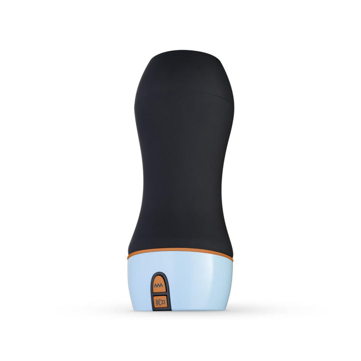 Black and light blue CRUIZR vibrating masturbator with voice activator buttons on the base against white background.