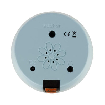 Bottom view of the CRUIZR Vibrating Masturbator showing control ports and power switch in light blue casing.