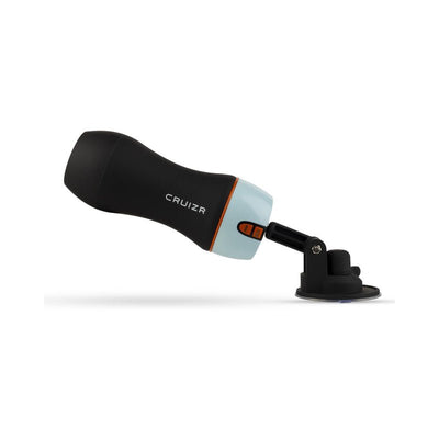 CRUIZR Vibrating Masturbator in black with light blue base and adjustable suction mount on white background