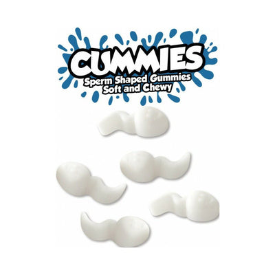 White soft and chewy sperm-shaped gummy candies with playful blue splash logo text above them.