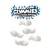 White soft and chewy sperm-shaped gummy candies with playful blue splash logo text above them.