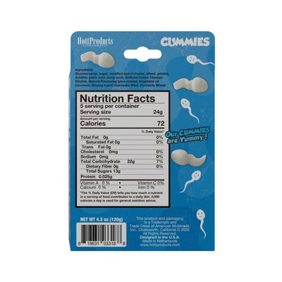 Back of Cummies Pina Colada flavored gummy candy package with nutrition facts and playful design on blue background.