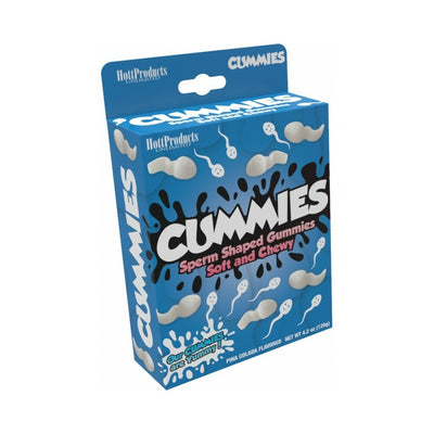 Blue box of Cummies Pina Colada flavored soft and chewy sperm-shaped gummies by Hott Products Unlimited.