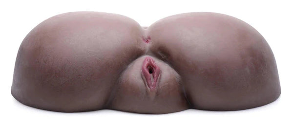 Realistic dark-toned silicone masturbator with detailed dual-texture tunnels and lifelike design.