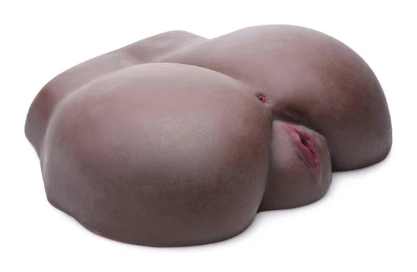 Realistic dark-toned dual-textured silicone masturbator shaped as lower torso with detailed anatomy.