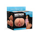 Packaging box of Curve Novelties Mistress Tia Juicy Masturbator in tan with product images and model photo on blue and black background.